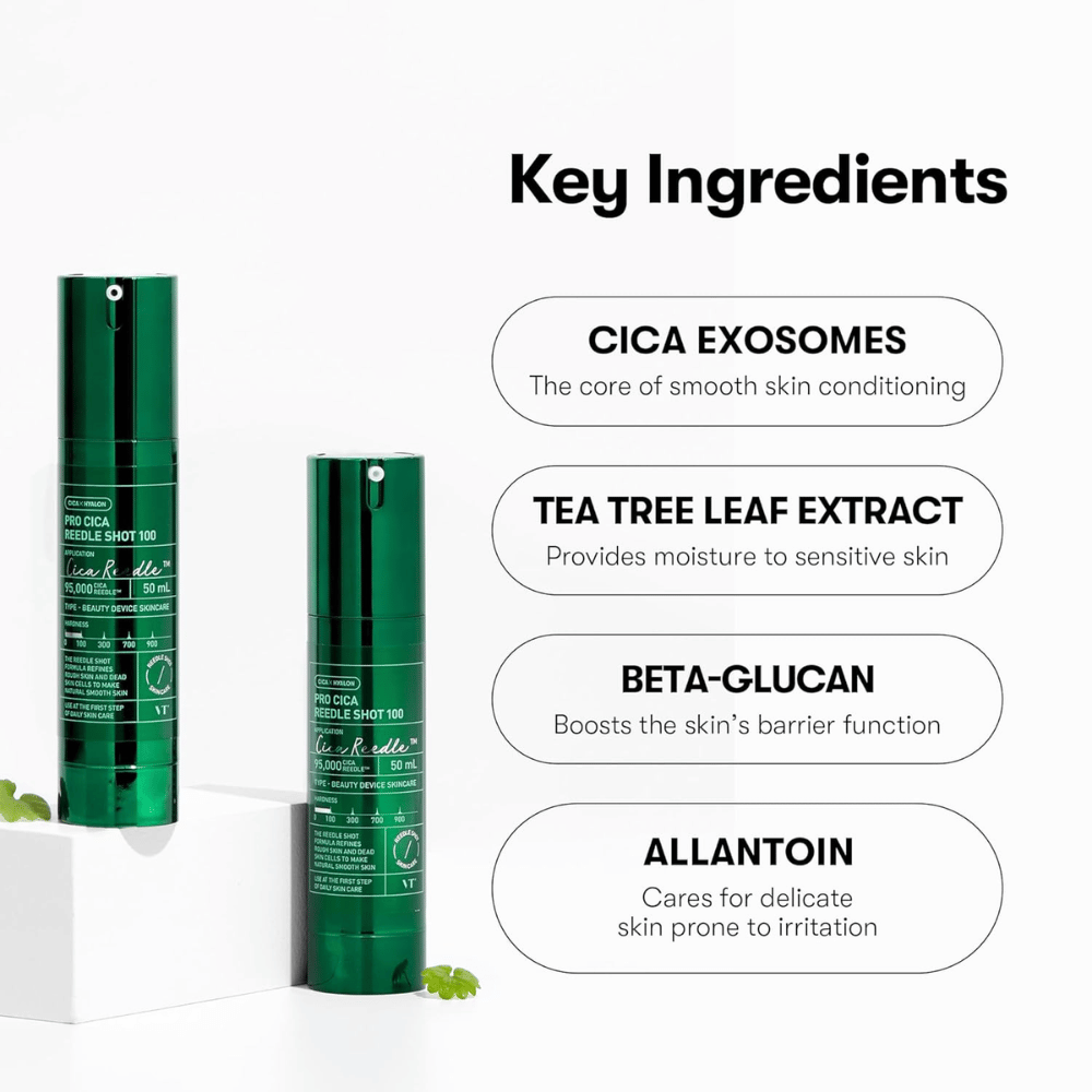VT Cosmetics Pro Cica Reedle Shot 100 med nøkkelingredienser som CICA exosomes, tea tree-ekstrakt, beta-glukan og allantoin for beroligende og barriereforsterkende hudpleie