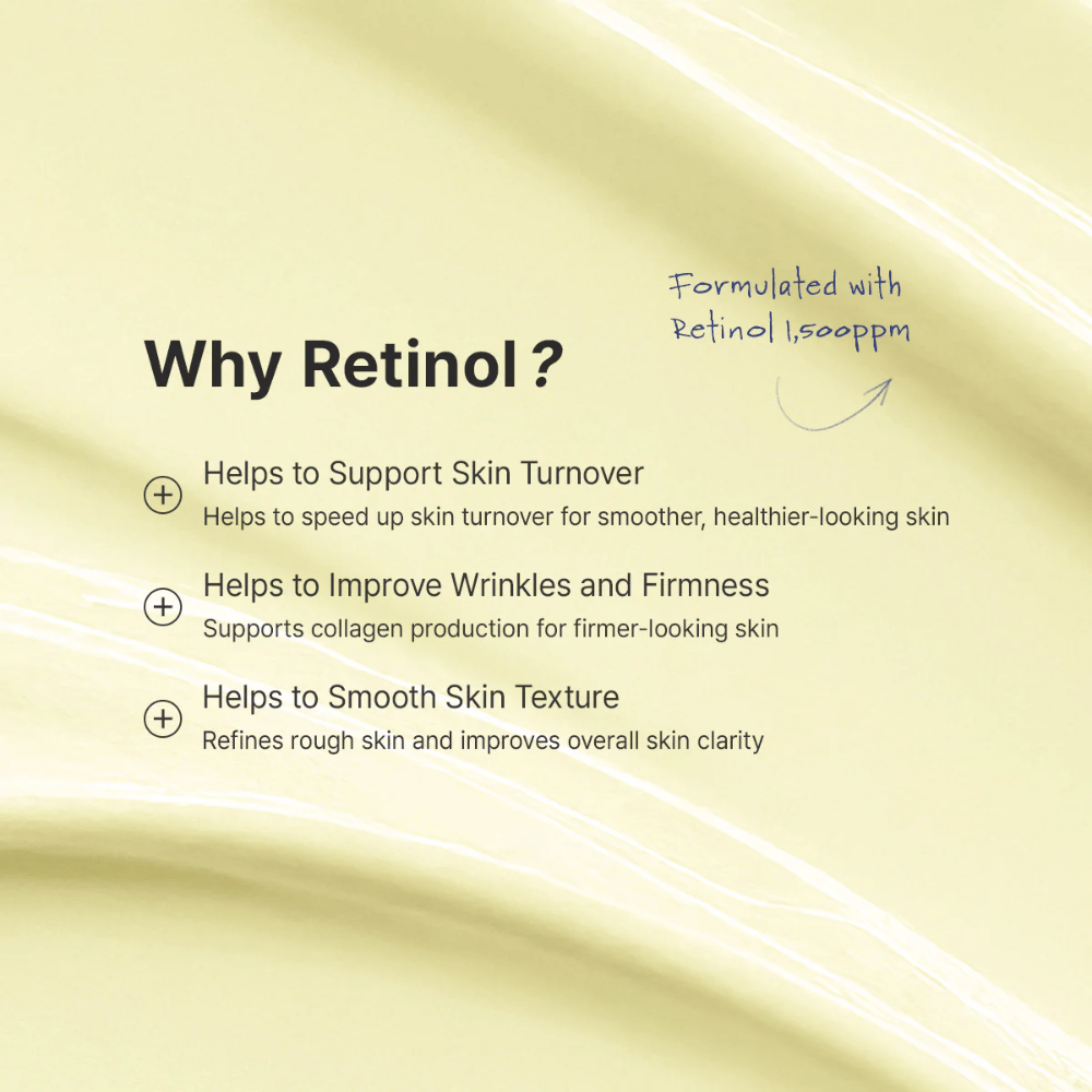 Guidebilde som forklarer hvordan retinol bør introduseres i hudpleierutinen. Fokus ligger på å bruke en mengde på størrelse med en ert, begynne 1–2 ganger per uke og påføre om kvelden. Bildet inneholder også viktig informasjon om forsiktighet ved graviditet, amming og eventuell irritasjon.