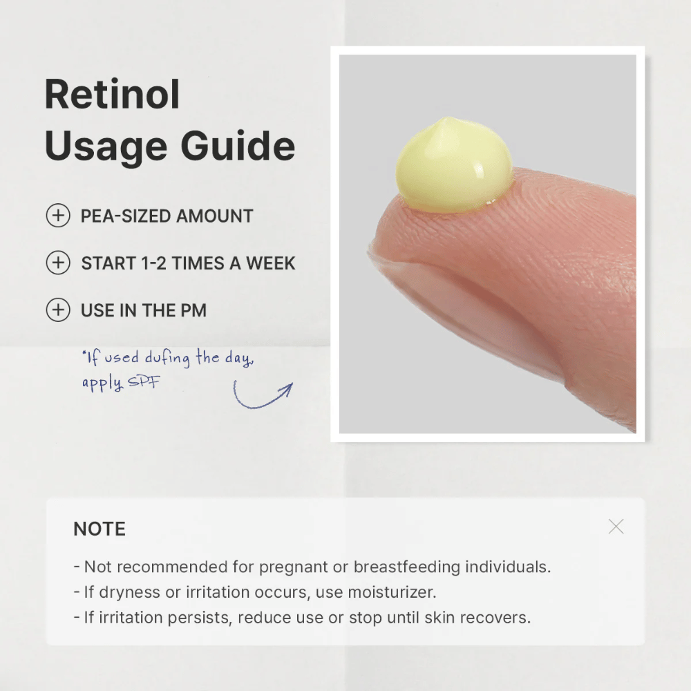 Guidebilde som forklarer hvordan retinol bør introduseres i hudpleierutinen. Fokus ligger på å bruke en mengde på størrelse med en ert, begynne 1–2 ganger per uke og påføre om kvelden. Bildet inneholder også viktig informasjon om forsiktighet ved graviditet, amming og eventuell irritasjon.