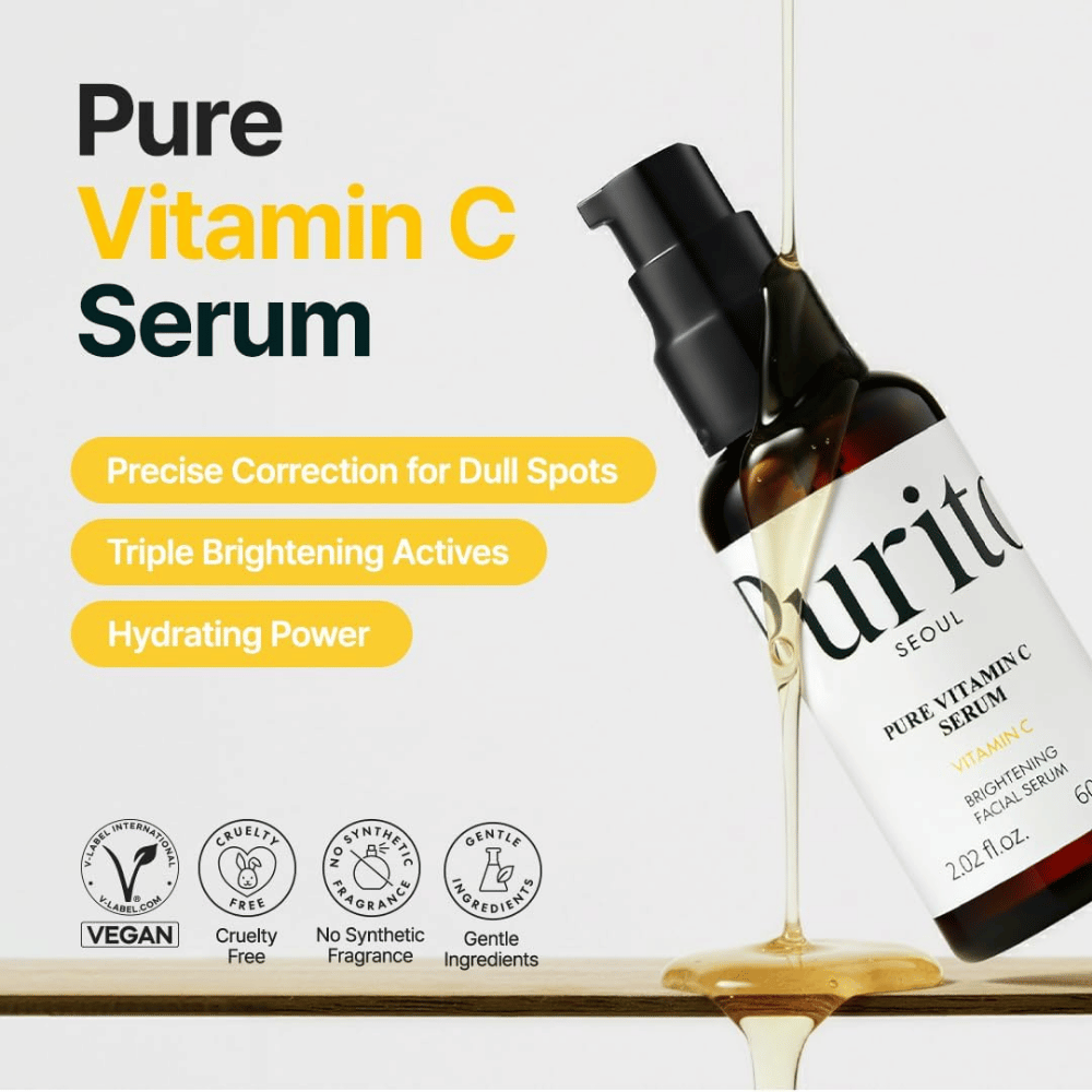 Purito SEOUL Pure Vitamin C Serum med C-vitamin, fuktighetsgivende bambusvann og glødgivende ingredienser – vegansk og cruelty-free formel uten syntetisk parfyme.