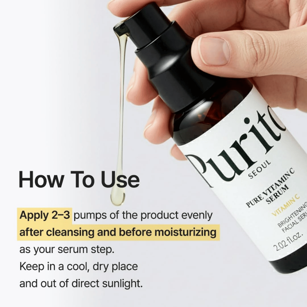 Slik bruker du Purito SEOUL Pure Vitamin C Serum – påfør 2–3 pump etter rens og før ansiktskrem som serumsteget i hudpleierutinen.