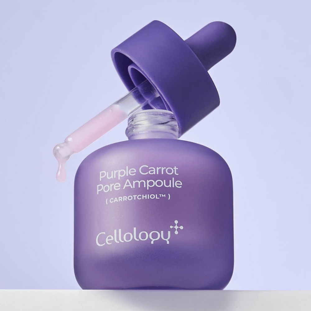 Cellology Purple Carrot Pore Ampoule med pipette som viser ampullens myke, kremete konsistens.