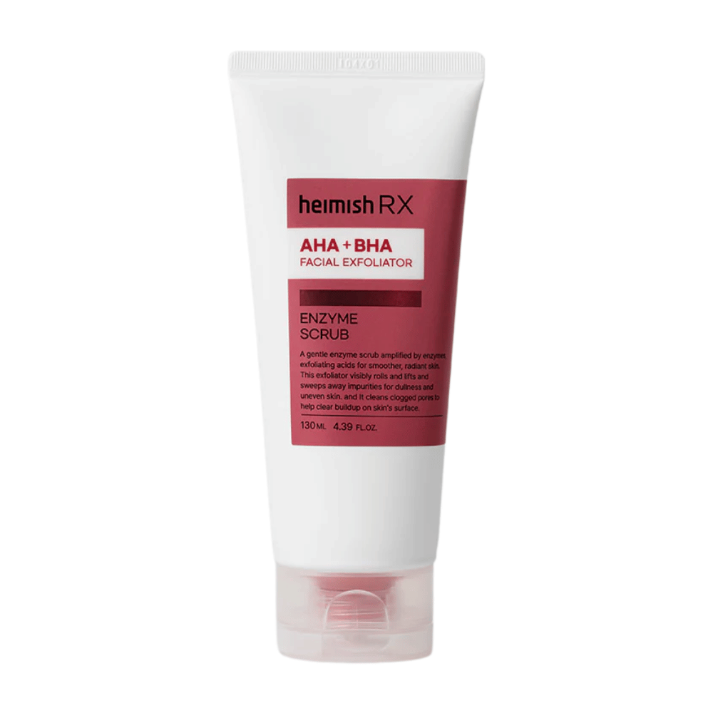 Heimish RX AHA + BHA Enzyme Scrub i en hvit tube med rød etikett. En ansiktseksfoliator som inneholder AHA og BHA for å fjerne urenheter og forbedre hudens tekstur. Produktet er plassert mot en hvit bakgrunn.