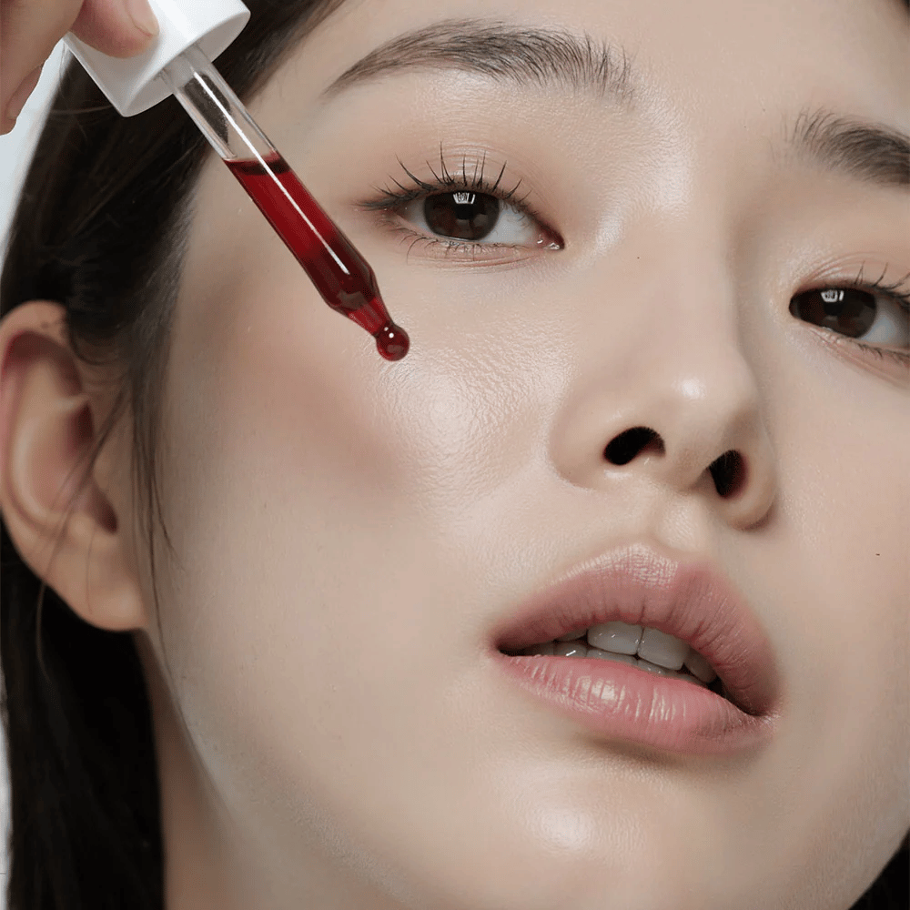 Nærbilde av en kvinne med glatt hud som påfører Heimish RX AHA BHA 30% Peeling Serum med en pipette, der en rød dråpe er på vei til å treffe kinnet hennes.