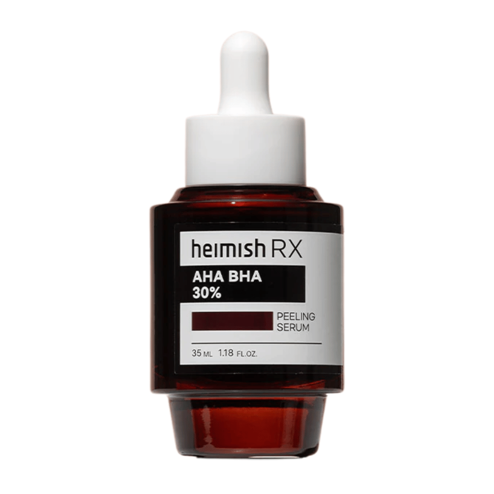 Heimish RX AHA BHA 30% Peeling Serum i en mørkerød glassflaske med pipette, utformet for eksfoliering og forbedret hudtekstur.