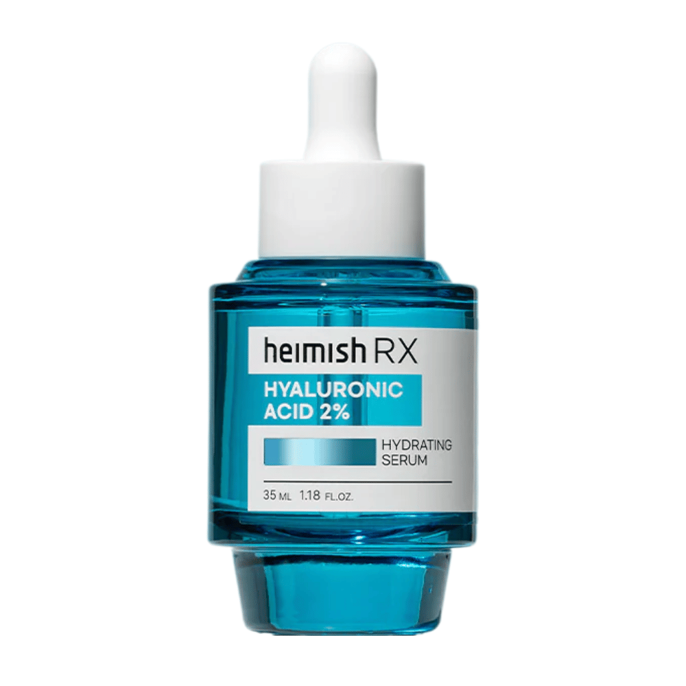 Heimish RX Hyaluronic Acid 2% Hydrating Serum i en blå glassflaske med pipettelokk, designet for intensiv fuktighet til huden.