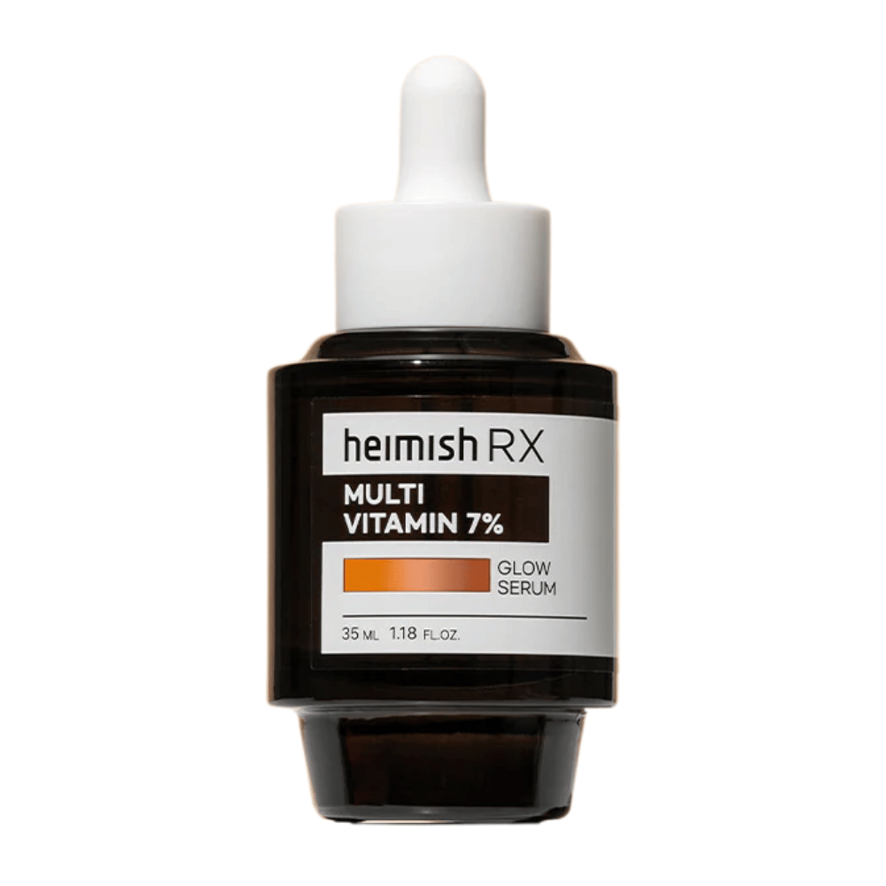 Heimish RX Multi Vitamin 7% Glow Serum i en mørk glassflaske med pipettelokk, designet for å gi glød og næring til huden.