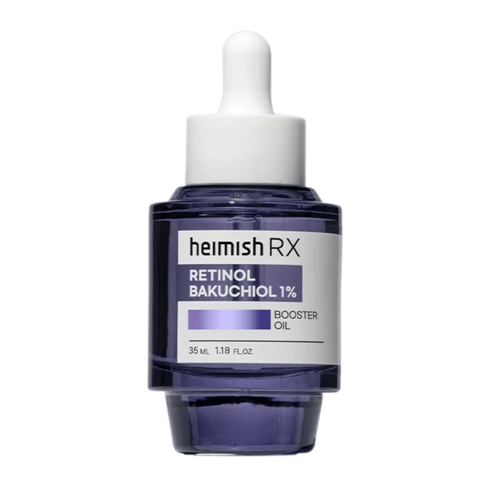 Heimish RX Retinol Bakuchiol Booster Oil i en elegant lilla glassflaske med pipette, designet for å forbedre hudens elastisitet og redusere fine linjer.