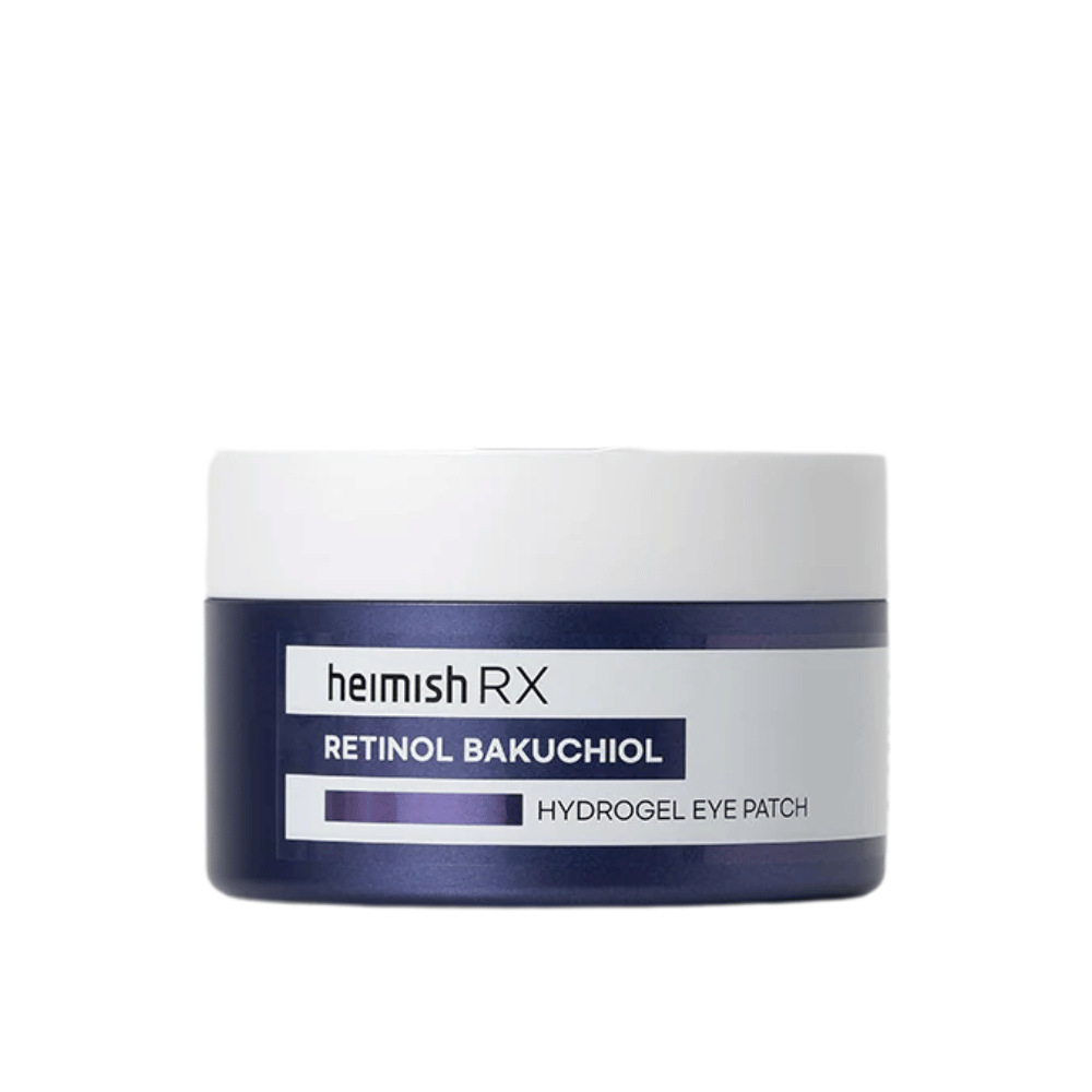 Heimish RX Retinol Bakuchiol Hydrogel Eye Patch i en mørkeblå boks med hvitt lokk. Intensivt fuktighetsgivende og oppstrammende øyelapper for et mer ungdommelig utseende.