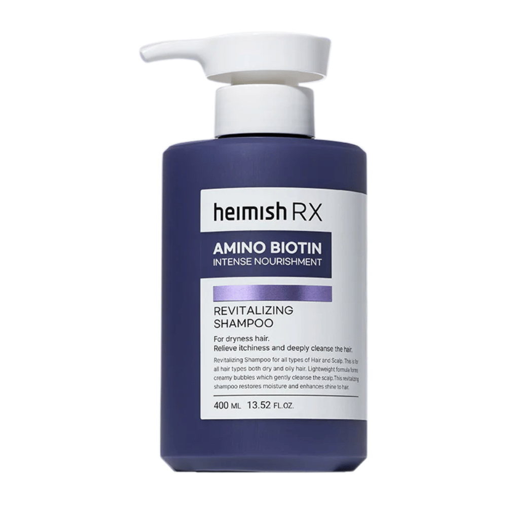 Heimish RX Amino Biotin Revitalizing Shampoo 400 ml – næringsrikt sjampo for tørt og livløst hår, med biotin og aminosyrer for å styrke og fukte hår og hodebunn.