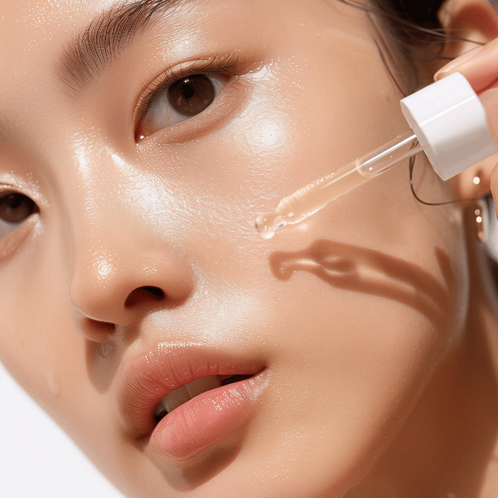 Nærbilde av en person med strålende hud som påfører Heimish RX Retinol Bakuchiol Booster Oil med en pipette. Oljen dryppes forsiktig på kinnet for intensiv fuktighet og næring.