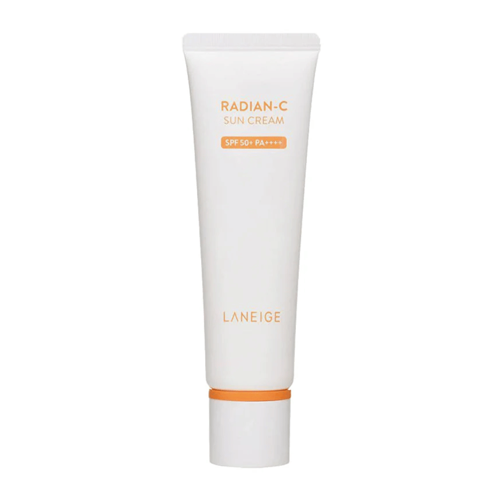LANEIGE Radian-C Sun Cream SPF 50+ PA++++ i hvit tube med oransje tekst, frilagt mot hvit bakgrunn.