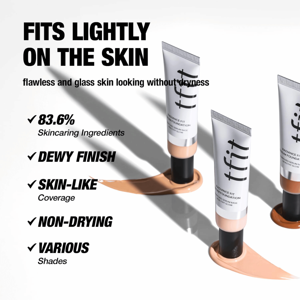 Tuber av TFIT Radiance Fit Serum Foundation plassert oppå foundationkrem med tekst som fremhever produktets egenskaper, inkludert fuktighetsgivende ingredienser, duggfrisk finish og hudliknende dekning.