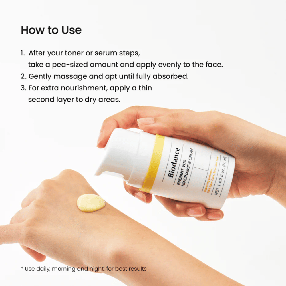 Slik bruker du Biodance niacinamide cream – påføring etter toner eller serum