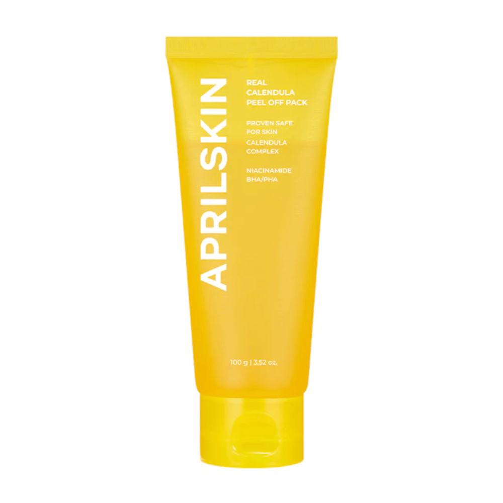 Bildet viser en gul tube med "Real Calendula Peel Off Pack" fra APRILSKIN. Produktet inneholder ingredienser som ringblomst, niacinamid, samt BHA og PHA for å eksfoliere huden skånsomt.