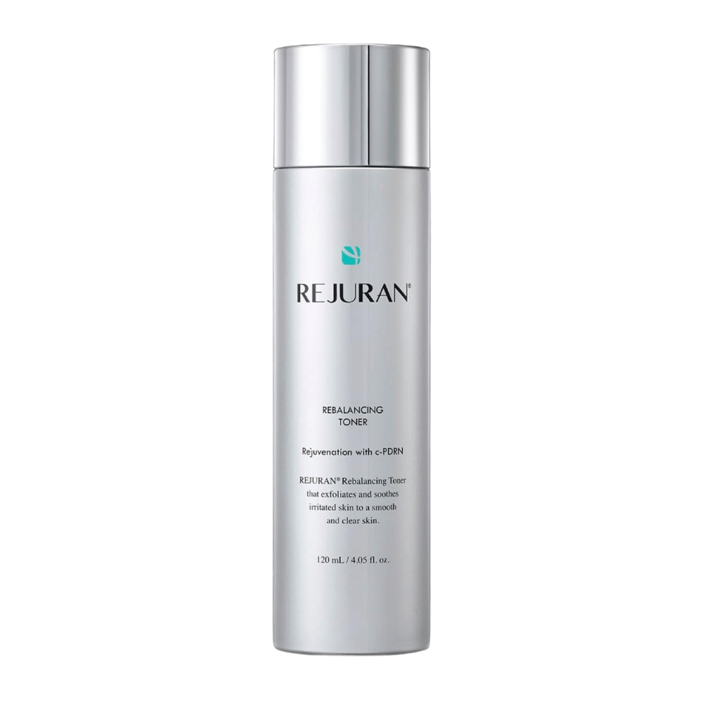 Rejuran Rebalancing Toner 120 ml, balanserende ansiktsvann med C-PDRN i en sølvfarget flaske med blank kork mot hvit bakgrunn.