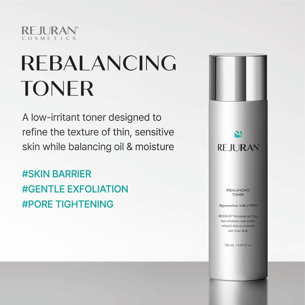 Rejuran Rebalancing Toner 120 ml, mildt eksfolierende ansiktsvann med C-PDRN for sensitiv hud. Sølvfarget flaske med produktfordeler.