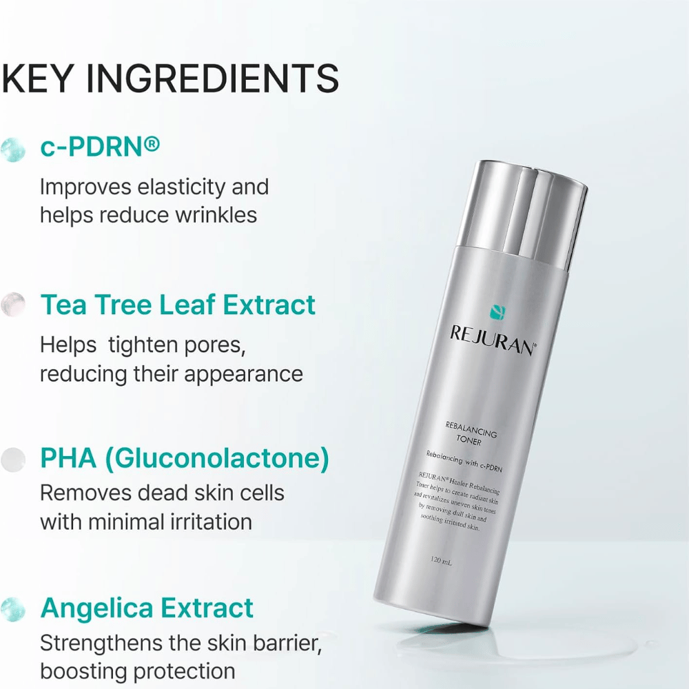 Rejuran Rebalancing Toner 120 ml med C-PDRN, tea tree-ekstrakt, PHA og kvannekstrakt. Sølvfarget flaske med ingrediensoversikt.