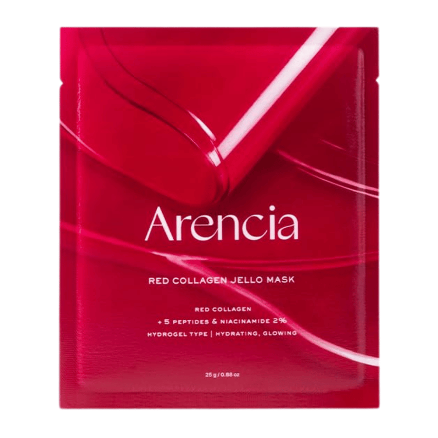 Nærbilde av Arencia Red Collagen Jello Mask som viser den geléaktige konsistensen og serumrike masken for intensiv kollagenpleie.