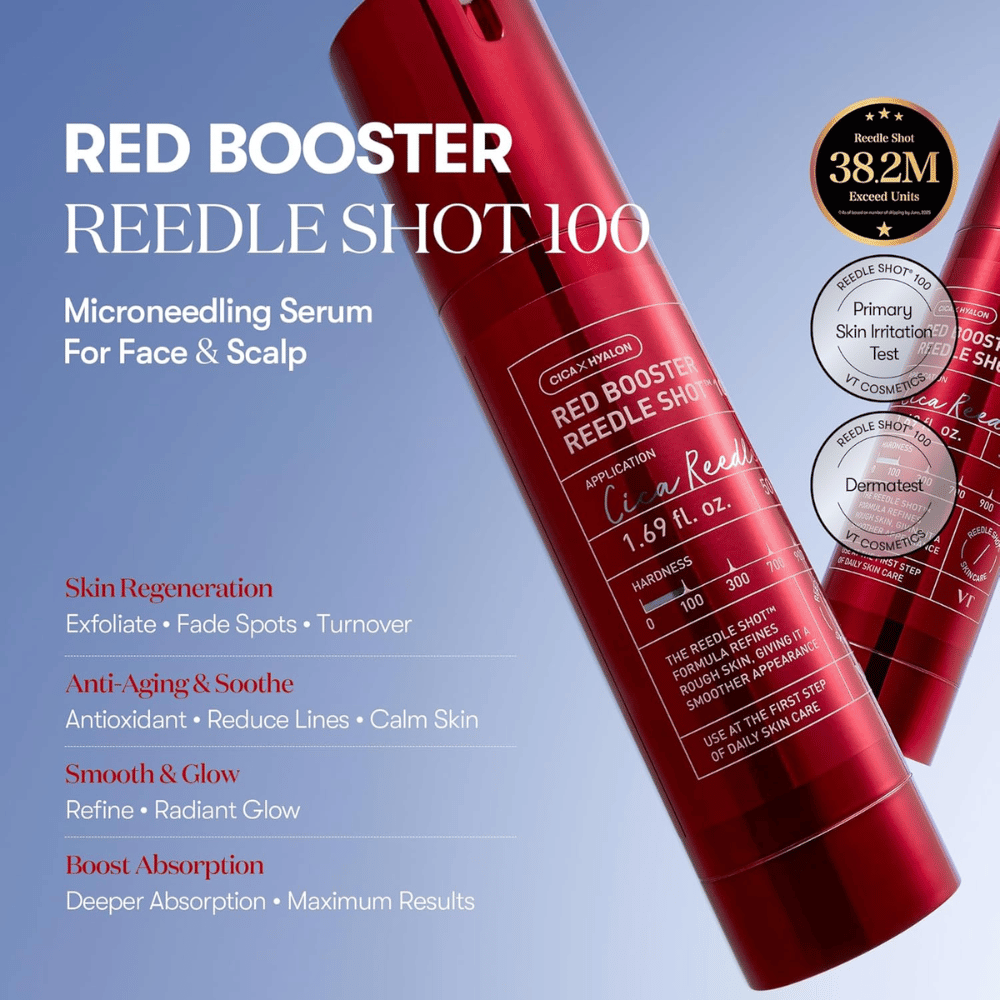 VT Cosmetics Red Booster Reedle Shot 100 microneedling-serum for ansikt og hodebunn, designet for hudfornyelse, økt absorpsjon, anti-age-effekt, jevnere hudtone og naturlig glød.