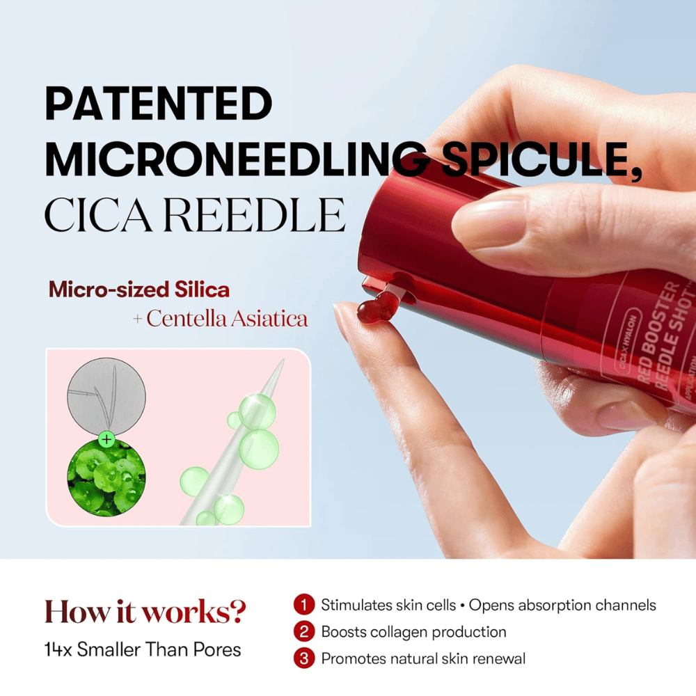 Nærbilde av VT Cosmetics Red Booster Reedle Shot 100 som viser patentert microneedling-spicule med CICA Reedle, mikroskopisk silica og Centella Asiatica som stimulerer hudfornyelse og kollagen.