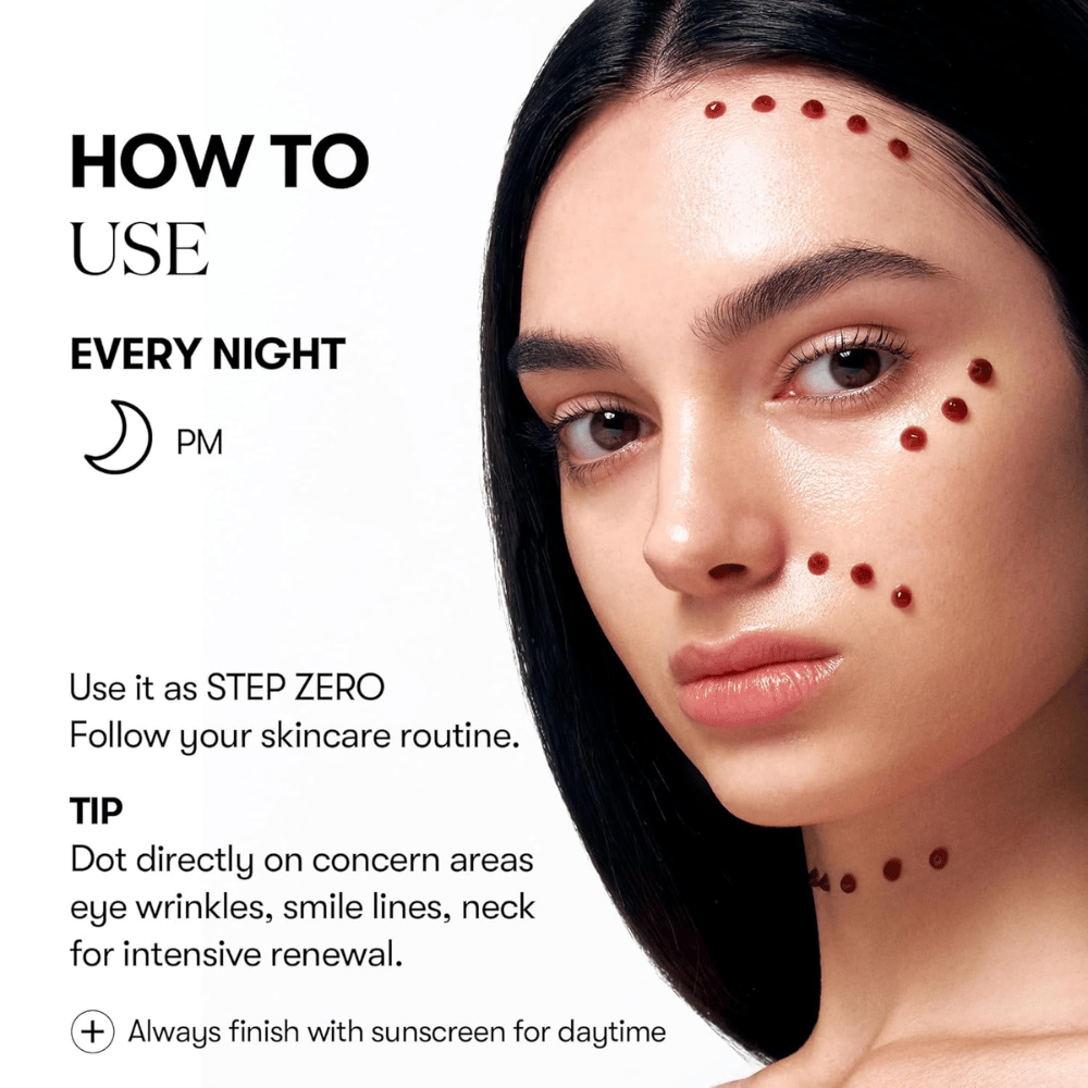 Modell viser hvordan VT Cosmetics Red Booster Reedle Shot 100 påføres punktvis i ansiktet om kvelden, som første steg i hudpleierutinen, for intensiv fornyelse av rynker, linjer og hudstruktur.