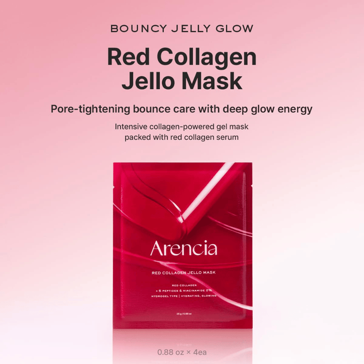 Arencia Red Collagen Jello Mask i originalemballasje – koreansk hydrogelmaske med rødt kollagen og peptider for plumpet, fuktet og strålende hud.