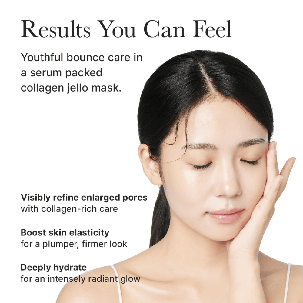 Resultater av Arencia Red Collagen Jello Mask – synlig fastere hud, forbedret elastisitet, minimerte porer og intensiv fuktighet med glød.
