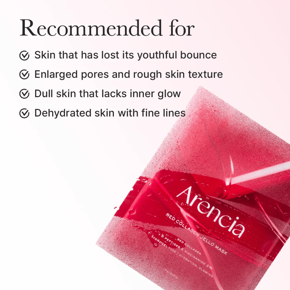 Arencia Red Collagen Jello Mask anbefales for trøtt hud, forstørrede porer, ujevn hudstruktur og dehydrert hud med fine linjer.