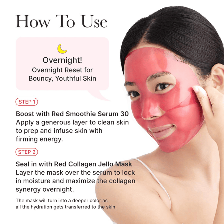 Bruksanvisning for Arencia Red Collagen Jello Mask som nattmaske – påføres etter serum for å gi spenst, dyp fuktighet og ungdommelig hud over natten.