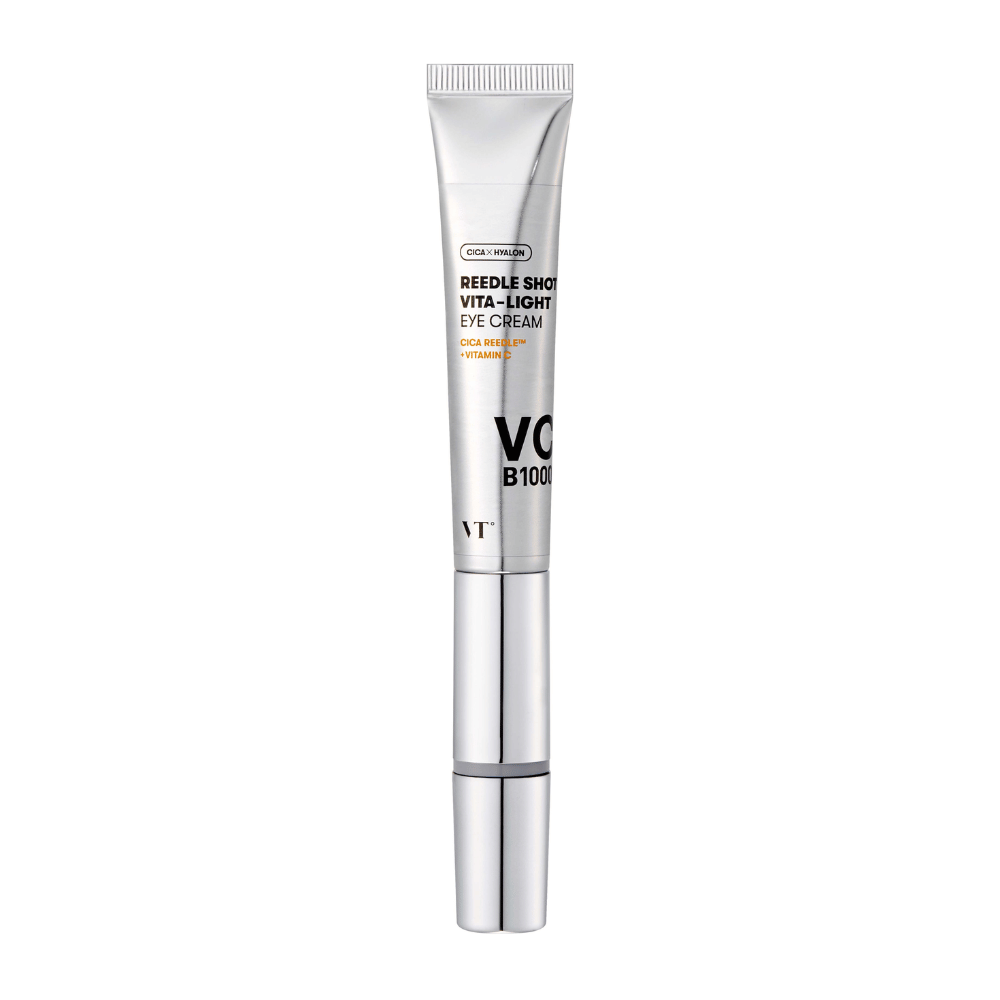 VT Reedle Shot Vita-Light Eye Cream i sølvpakning med CICA, vitamin C og fuktighetsgivende ingredienser for å lysne og berolige området under øynene.
