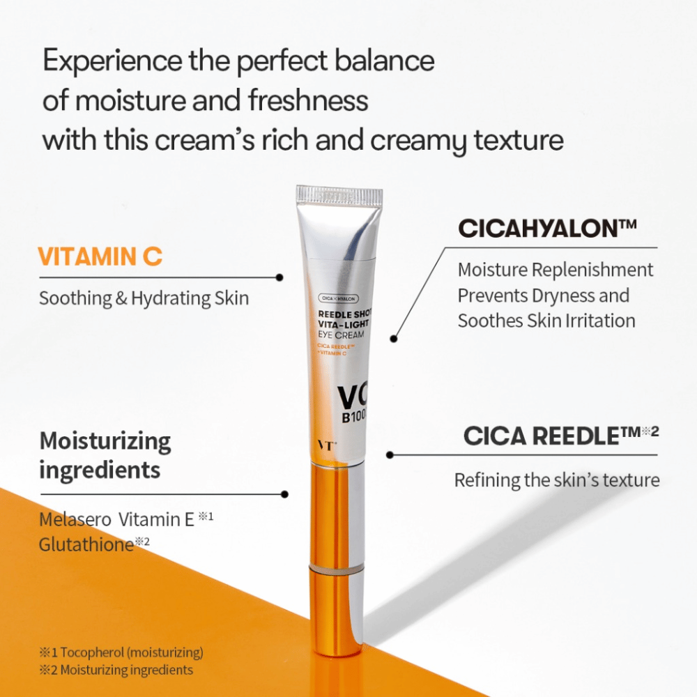 VT Reedle Shot Vita-Light Eye Cream med vitamin C, E og CICA-kompleks – øyekrem i metallisk tube som fukter, beroliger og forbedrer hudens struktur.