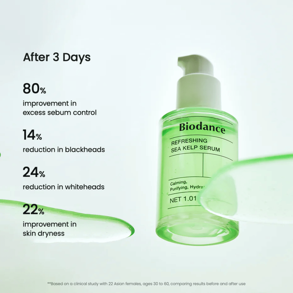 Resultat etter 3 dager med Biodance Sea Kelp Serum – redusert talgproduksjon og reduserte hudormer.