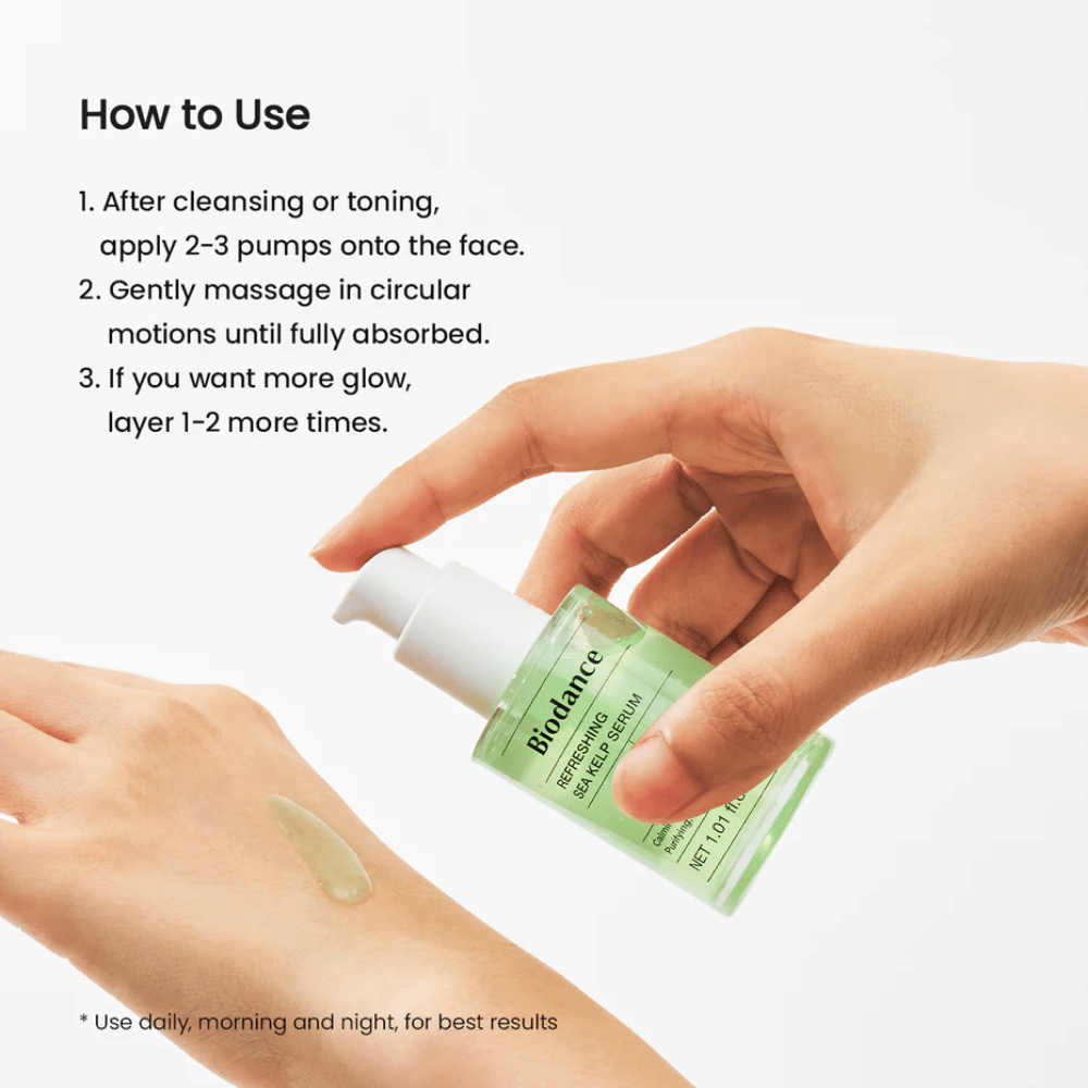 Biodance Refreshing Sea Kelp Serum påføres på hånden – beroligende og talgregulerende serum med tare.
