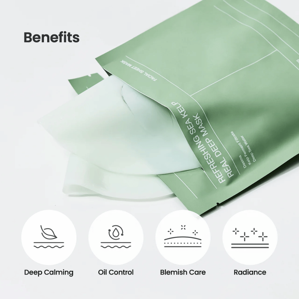 Fordeler med Refreshing Sea Kelp Real Deep Mask:
🌿 Dyp beroligende effekt
💧 Oljekontroll
✨ Flekkpleie
🌟 Glød og strålende hud