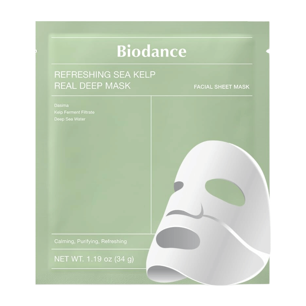 Biodance Refreshing Sea Kelp Real Deep Mask – en beroligende og fuktighetsgivende ansiktsmaske med fermentert kelp og dyphavsvann. Renser, balanserer og gir huden en frisk glød.