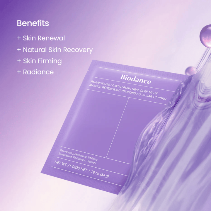 Biodance Rejuvenating Caviar PDRN Real Deep Mask på modell med naturlig glans og synlig glød etter bruk