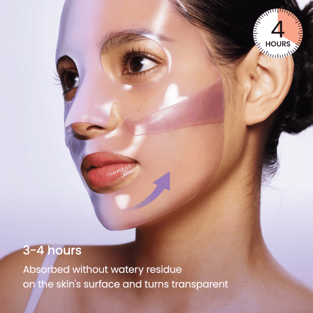 Biodance Rejuvenating Caviar PDRN Real Deep Mask påført i ansiktet – gelmaske som absorberes og blir gjennomsiktig etter 3–4 timer