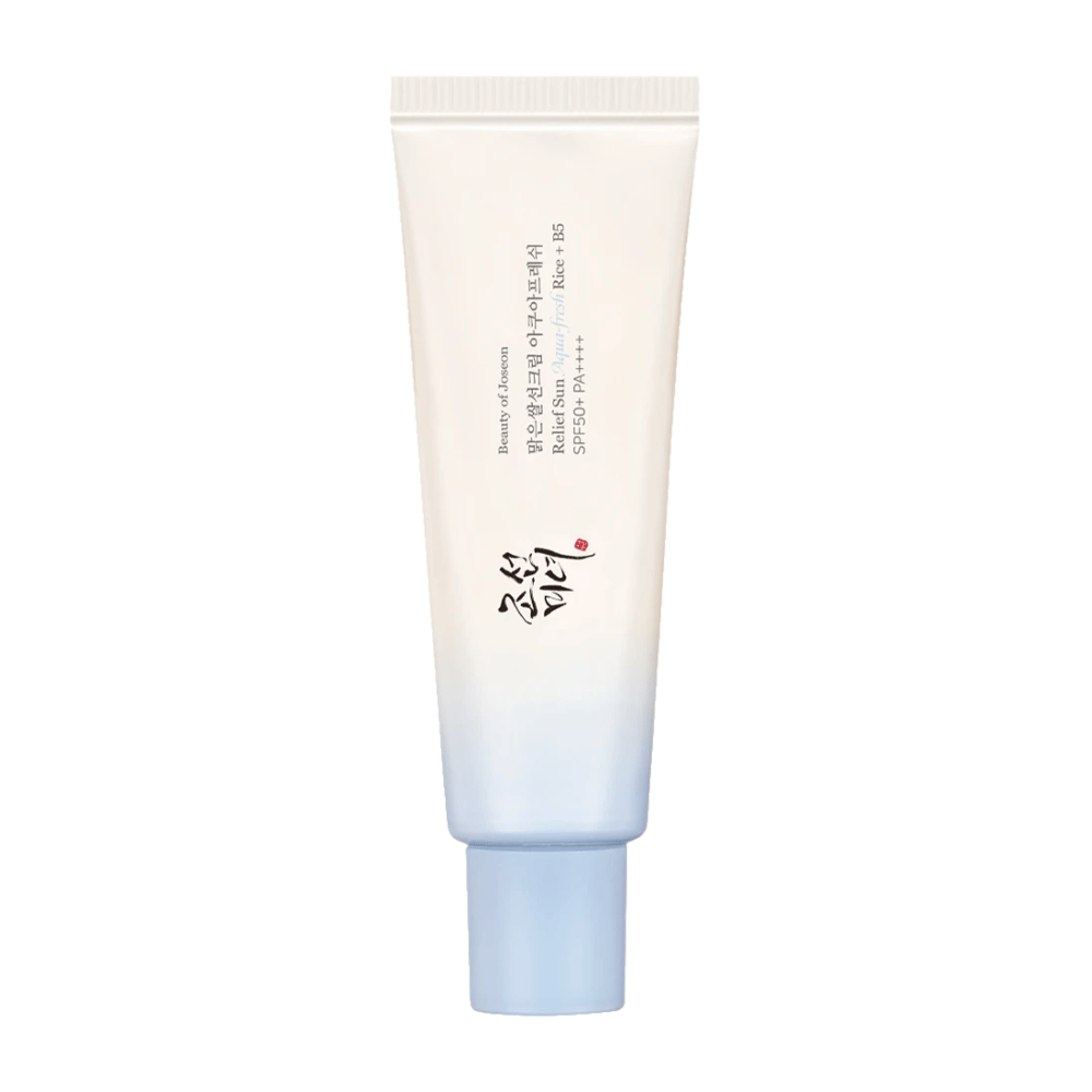 Beauty of Joseon Relief Sun: Aqua-Fresh Rice + B5, solkrem med SPF 50+ PA++++. En lett og fuktighetsgivende formel som beskytter huden mot UV-stråling samtidig som den pleier med risekstrakt og vitamin B5.
