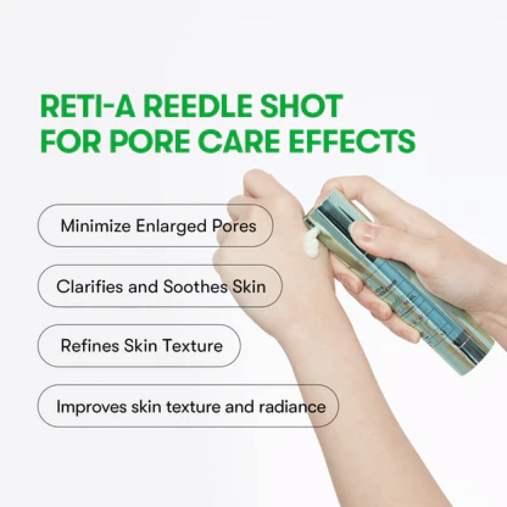 VT Reti-A Reedle Shot påført på hånden, viser serumets tekstur og dets effekt for å minimere porer, berolige huden og forbedre hudens glød.