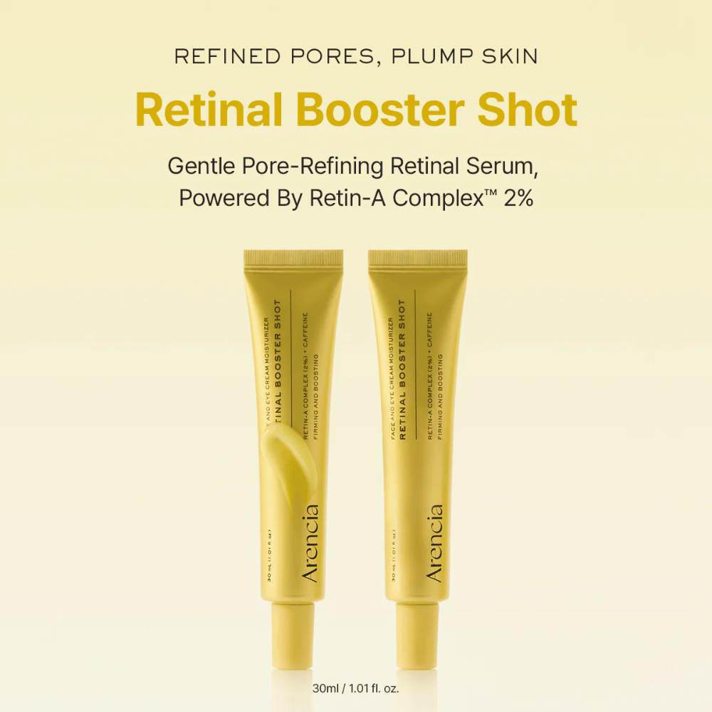 Produktpresentasjon av Arencia Retinal Booster Shot 2 %, mild retinolserum for forfinede porer, fyldigere hud og jevnere hudstruktur.