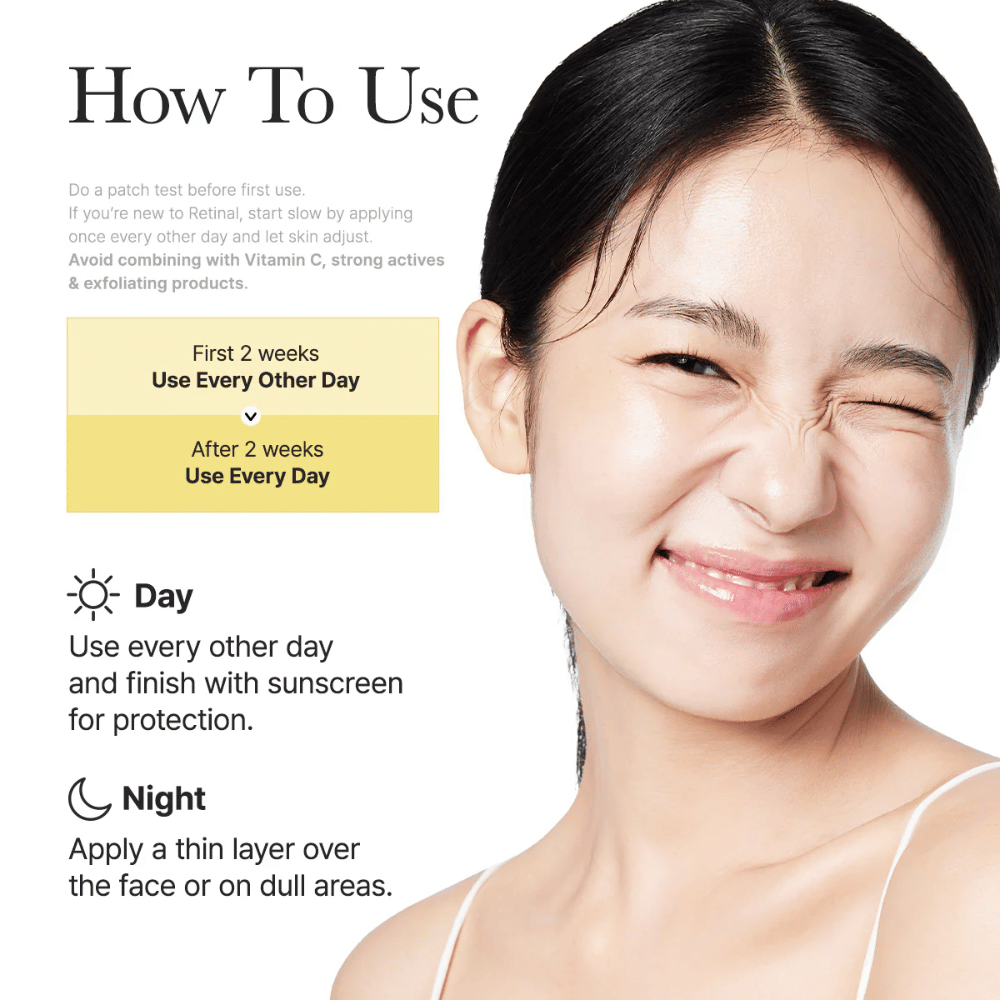 Instruksjonsbilde for Arencia Retinal Booster Shot med anbefalt bruk annenhver dag de første to ukene og deretter daglig, dag- og nattrutine for retinal.