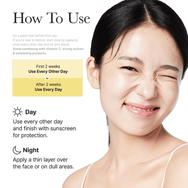 Instruksjonsbilde for Arencia Retinal Booster Shot med anbefalt bruk annenhver dag de første to ukene og deretter daglig, dag- og nattrutine for retinal.