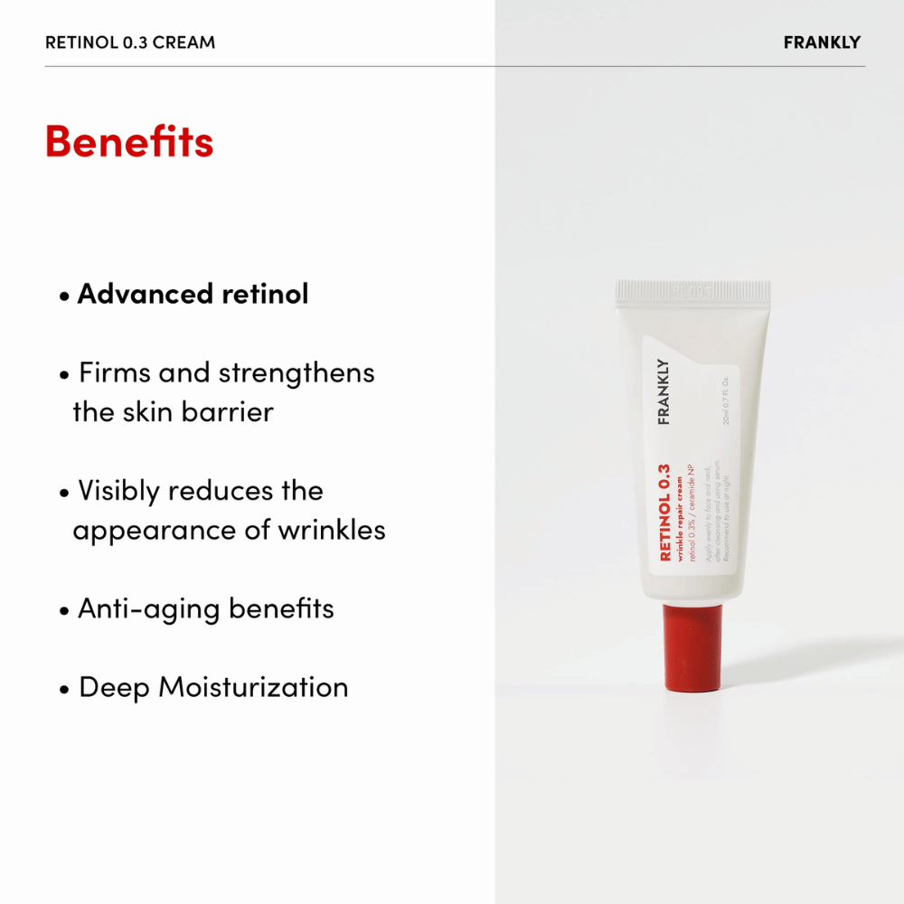 Produktbilde av FRANKLY Retinol 0.3 Cream med listede Fordeler: avansert retinol, styrker hudbarrieren og fukter i dybden.