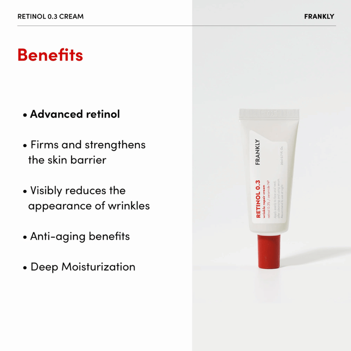 Produktbild av FRANKLY Retinol 0.3 Cream med listade fördelar: avancerad retinol, stärker hudbarriären och återfuktar på djupet.