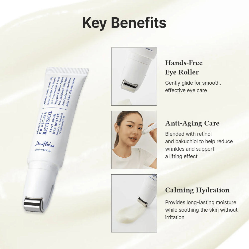 Dr. Althea Retinol Flat Iron Eye Roller med metallrulle for kjølende effekt, anti-aldringsegenskaper og langvarig fuktighet uten irritasjon.