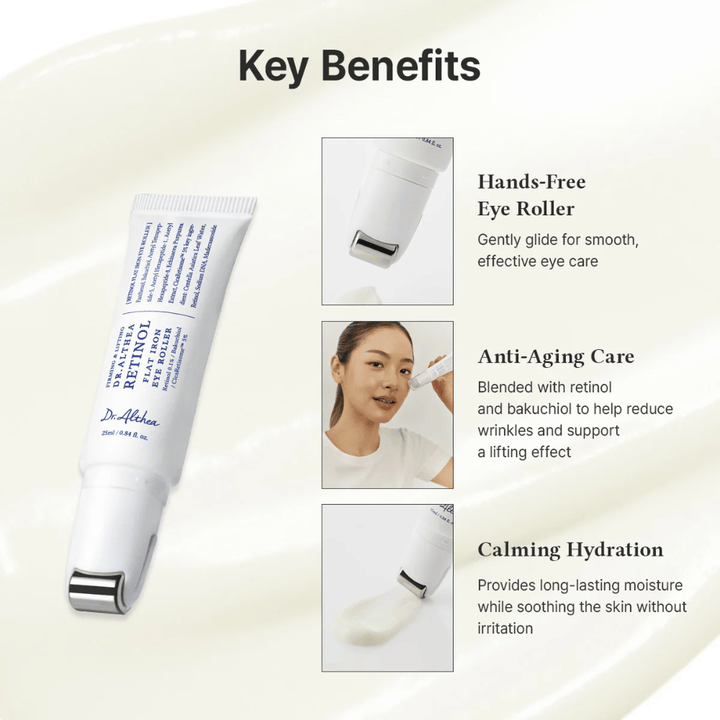 Dr. Althea Retinol Flat Iron Eye Roller med metallrulle for kjølende effekt, anti-aldringsegenskaper og langvarig fuktighet uten irritasjon.