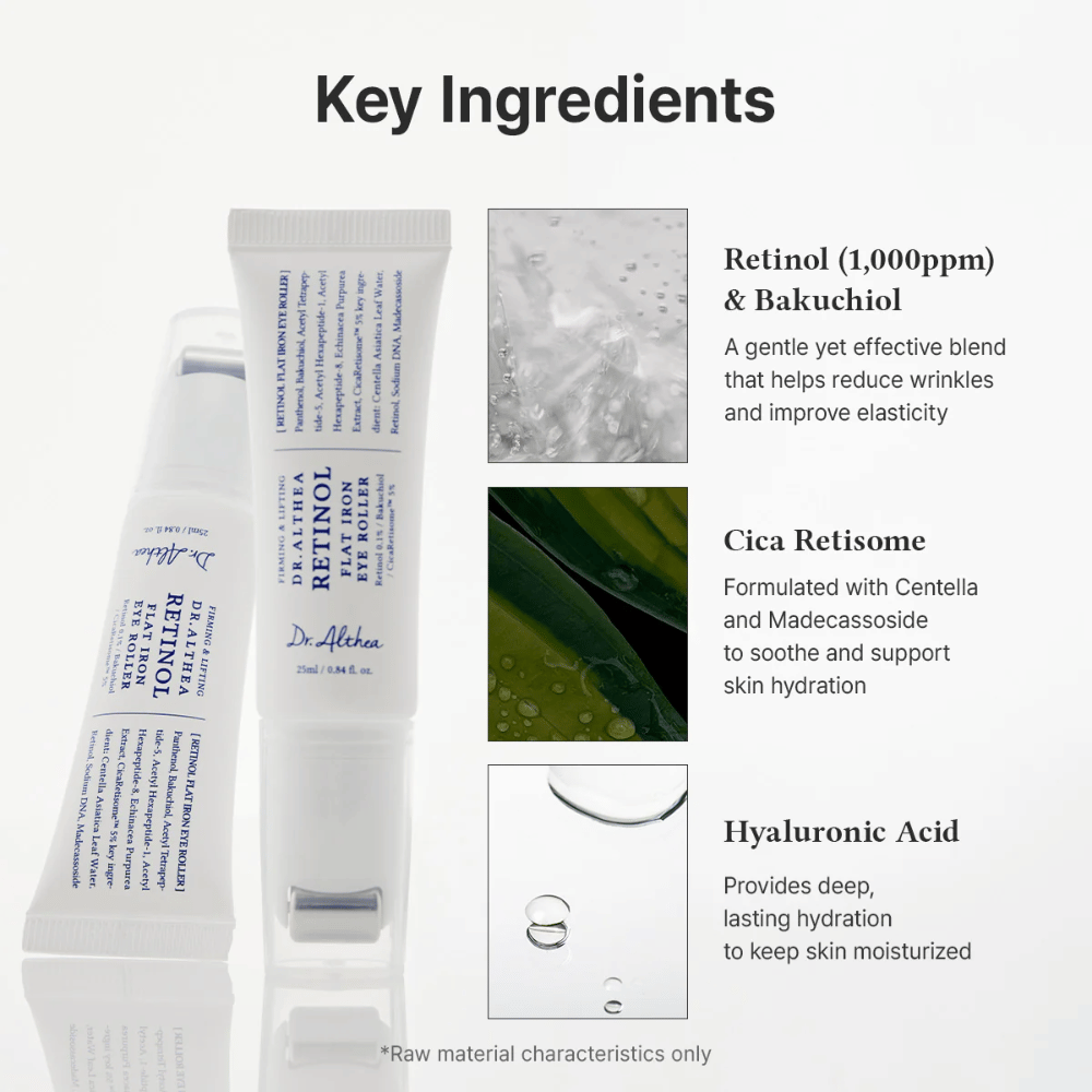 Dr. Althea Retinol Flat Iron Eye Roller med retinol, bakuchiol, cica og hyaluronsyre som fukter, beroliger og reduserer rynker.