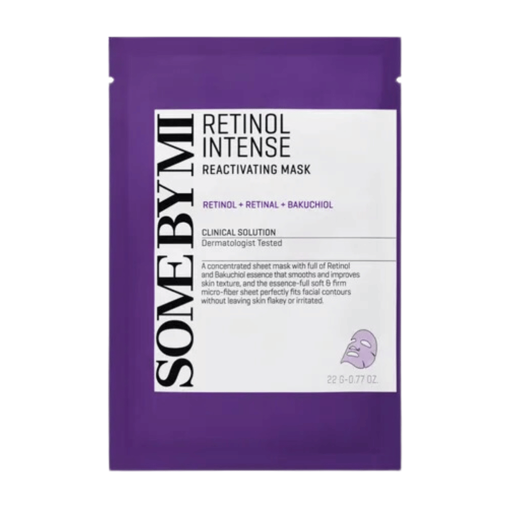 Bildet viser en pakke med "Retinol Intense Reactivating Mask", et hudpleieprodukt som inneholder retinol, retinal og bakuchiol. Masken er dermatologisk testet.