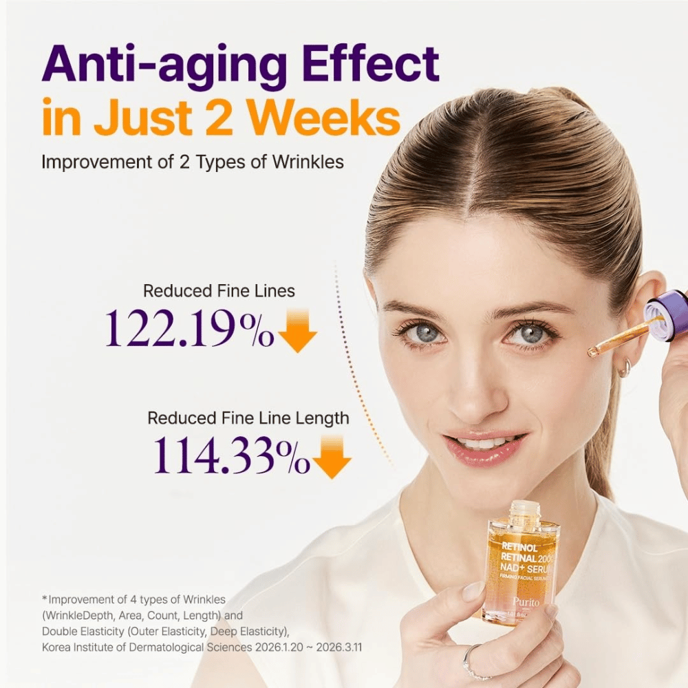 PURITO SEOUL Retinol Retinal 2000 NAD+ Serum – koreansk anti-age-serum utviklet for å redusere synligheten av fine linjer og rynker.